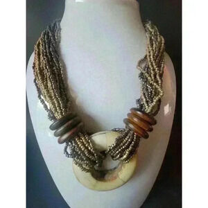 Vintage Tribal Folk Style Necklace Multi Strand Layered Beaded Ring Charm